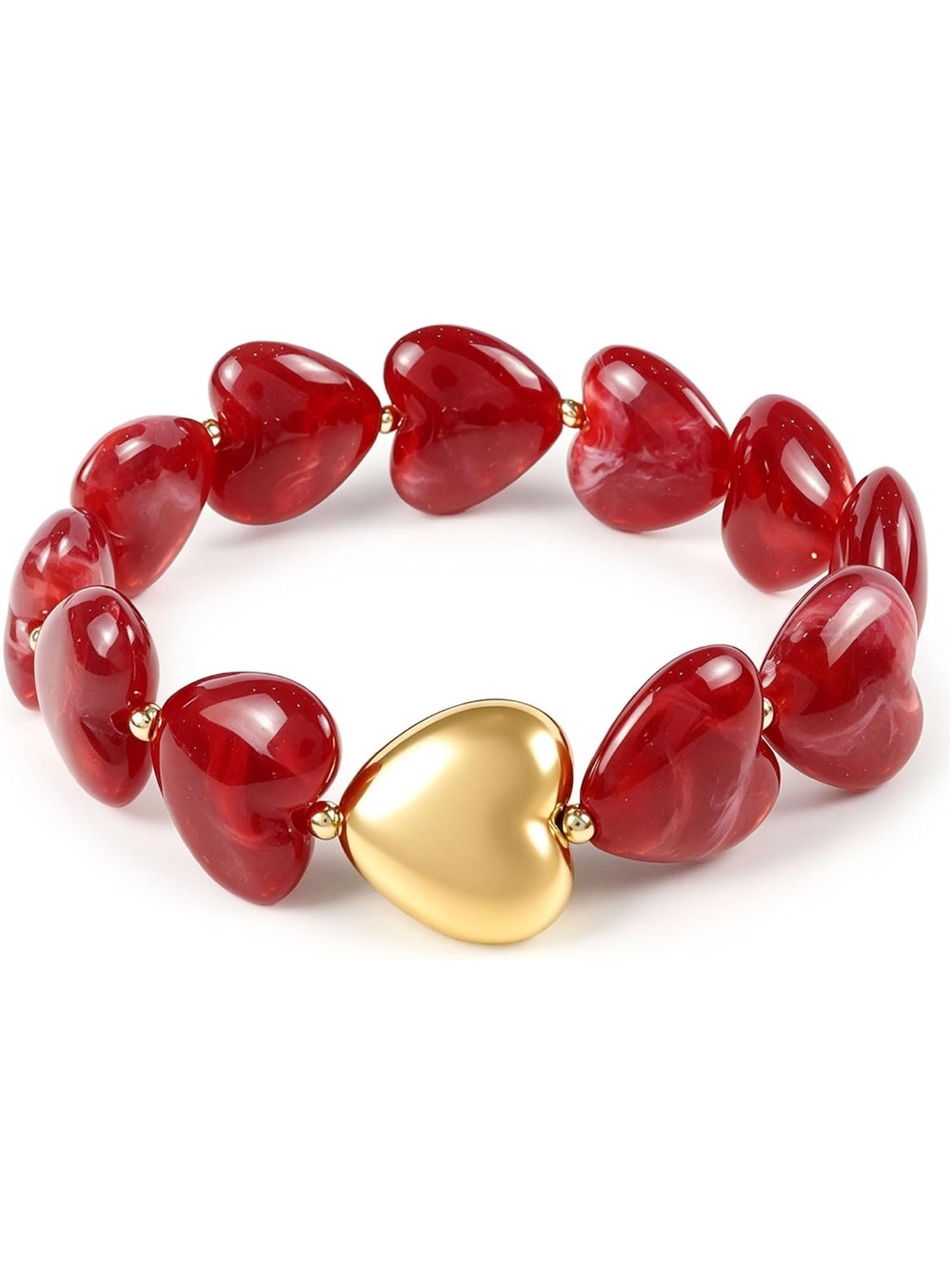 New Red Heart Bead Bracelet with Gold Heart Accent